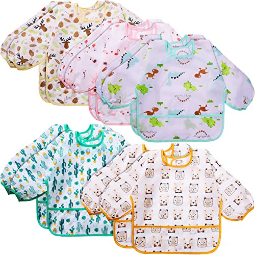 Tarpop 10 Pack Long Sleeve Bibs Infant Smocks Multi Pack Waterproof Soft Sleeved Bibs for Babies Toddler Eating Feeding (6-24 Months,Classic)
