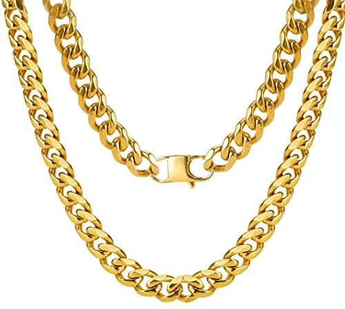 Aplstar 18K Gold Plated Cuban Chain Necklace, Stainless Steel Men Women Curb Chain Jewelry, 18-34 Inch with Gift Box