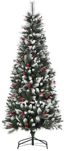 HOMCOM Árbol de Navidad 180 cm con Nieve 539 Ramas Base Plegable Verde | Árbol de Navidad Artificial, 51 Bayas, Base Plegable, Soporte Metálico, Decoración Navideña para Interiores