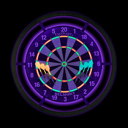 EastPoint Blacklight Dart Board - 18 in, Sisal - 6-Piece Steel Tip Darts Set - Glow Ring & Neon Flights for Man Cave Decor - Staple-Free Bullseye for Game Room Play