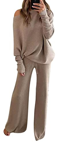 Viottiset Damen Gestrickte Eine Schulter Outfit Lässig Sweatsuits Pullover Weite Bein Hosen 2-Teilige Sets Aprikose S