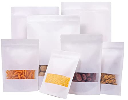 Sacchetti Carta Finestra,Sacchetti Carta Alimenti,Doypack,Sacchettini Carta Piccoli,per Noci,Dolci,Chicchi di Caffè,Cereali,Cibo per Animali Domestici,ecc.150x240mm Bianco 50pezzi