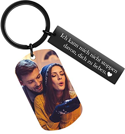 OXYEFEI Personalisiert Schlüssel Anhänger Set, Schwarz Edelstahl Hundemarke Namen Muster Gravur Basteln Foto Personalisierte Dog Tag Geschenke für Papa Mama Paar Damen Herren