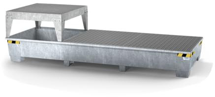 Auffangwanne pro-line aus Stahl für 3 IBC, verzinkt, 1 Abfüllbock und 2 Gitterrosten