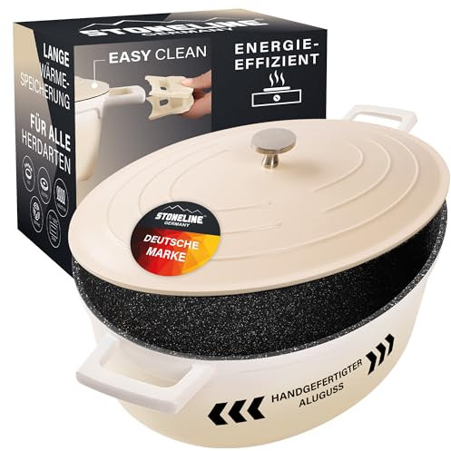 STONELINE Casseruola Induzione con Coperchio 32 cm, 6,6 L, Pentola Antiaderente Rivestimento con Vere Particelle di Pietra, Rostiera Cocotte per Tutti i Tipi di Piani Cottura e Forno, Colore: Crema