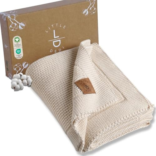 Little Dedi Strickdecke aus 100% Bio-Baumwolle GOTS Zertifizert, 80x100 cm. Beige- Atmungsaktiv, Temperatur regulierend, in eleganter Geschenkbox für Babys