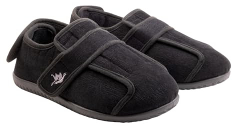 Happy Touch Men's 80-D Memory Foam Adjustable Wide Diabetic Slippers for Swollen Feet, Edema, Arthritis, Elderly Indoor/Outdoor (11, Black)