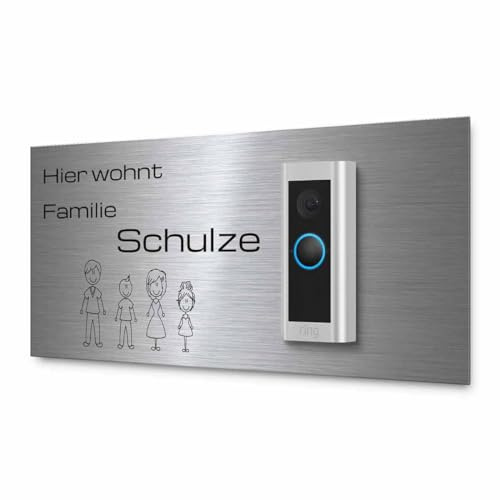 Modernes Klingelschild für Funkklingel Ring Video Doorbell Pro 2 - personalisiertes Türschild aus Edelstahl mit Gravur | kompatibel mit Ring Klingel - hochwertiges Funkklingel Zubehör