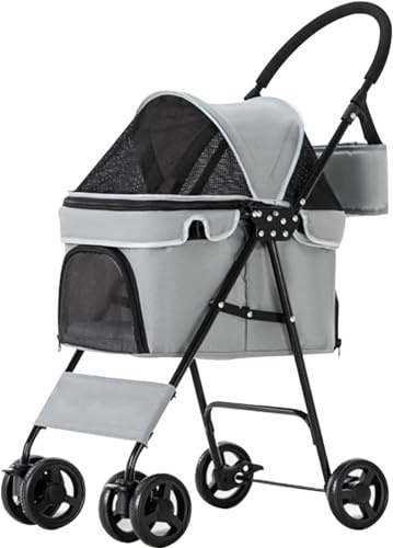 Leichter Faltbarer Haustier-Kinderwagen, Hundetransporter mit 4 Rädern für Kleine, Mittelgroße Hunde und Katzen, Hunde-Kinderwagen, Reise-Kinderwagen, Trolley,Grey