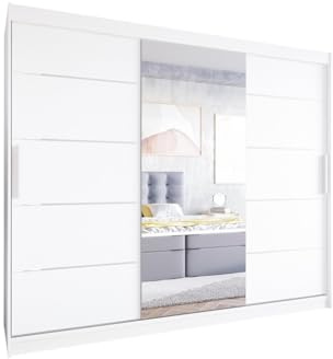 Easy4You LVI 250 cm Weiß Schiebetüren Kleiderschrank 250x215x58 cm mit Spiegel - Schlafzimmermöbel, Aufbewahrung - Mehrzweckschrank