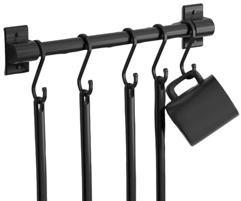 JKYVAA Aluminum Utensil Rack Black Wall-Mounted Kitchen Rail with 5 S Kitchen Hooks Self Adhesive Hanging Utensil Rail Hanger& Organisers For Knives Pot Pan Spoon Fork Bathroom Towel