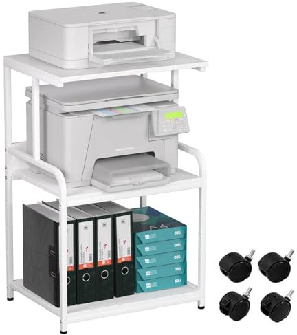 3-Tier Printer Stand, Large Printer Table on Wheels, Movable Printer Stand with Storage, Rolling Printer Cart for Fax Scanner Files Media Player, Multifunctional Trolley for Office Home Kitchen, White