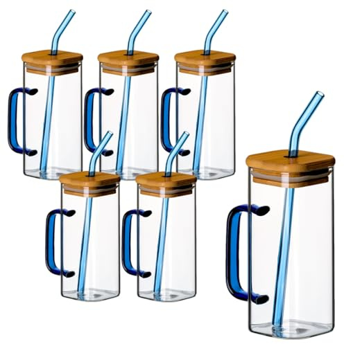 gouveo Juego de 6 vasos de 350 ml con asa, color azul, tapa y pajita, vasos de cóctel de vidrio de borosilicato, vasos largos con asa, vasos de cristal para bebidas frías y calientes (TGE350HB)