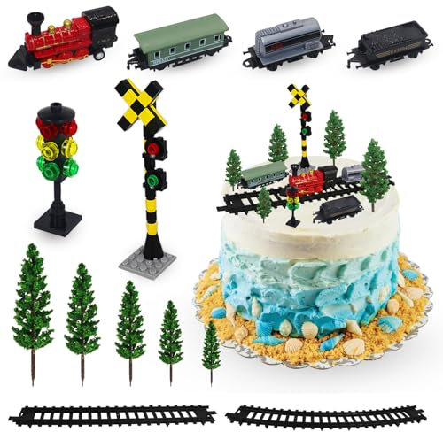 13pcs Train Pull-back Model, Train Cake Topper Decorations with Track Railway Traffic Train Lights, Train Theme Cake Decorations Mini Toy Set for Kids Baby Shower Birthday Party