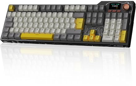 AJAZZ AK35I V3 MAX Mechanische Tastatur, 104-Tasten Hot-Swap-fähige Kabellose Tastatur mit TFT-Bildschirm und Drehknopf, RGB-Hintergrundbeleuchtung, Unterstützt 2.4 GHz/USB-C/BT, Schwarz Grau Gelb