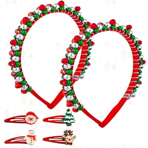 Haarreif Weihnachten, 2 Stück Weihnachts Kopfschmuck, Weihnachtsstirnband mit Glöckchen, Weihnachtshaarreif mit Weihnachts Haarspangen, Weihnachtshaarreifen Erwachsene Kinder für Weihnachten Party(A)