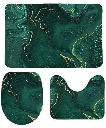 Badteppich-Set 3-Teilig Marmor Gold Grün Badezimmer Vorleger 3-Teiliges Wasserabsorbierend Wc Vorleger Set 3 Teilig rutschfeste Badvorleger Toilettensitz Dreiteiliges