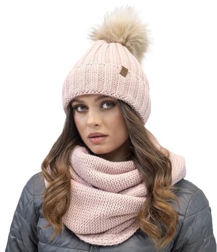 Vivisence Set Invernale da Donna Cappello con Pom-PON Ecologico E Scaldacollo Avvolgente Fodera in Pile Morbido Antistatico Ideale per Il Freddo, Rosa,Taglia Unica