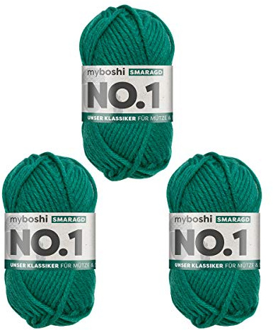 myboshi No.1 Wolle zum Häkeln und Stricken, Schnellstrickgarn, langlebige Mützenwolle, Strickwolle, Häkelwolle, mulesing-frei, 50g, Ll 55m Grün (Smaragd) 3 Knäuel