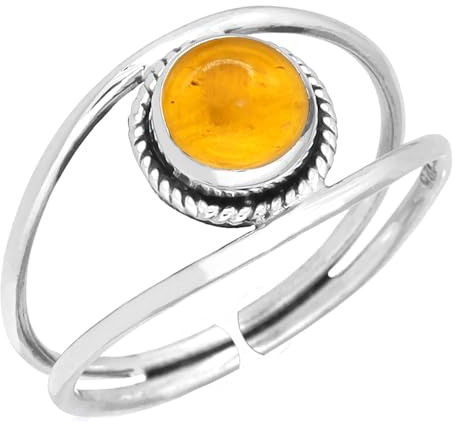 Bague ajustable Jeweloporium en argent sterling 925 avec ambre orange, bijou bohème en pierre ronde