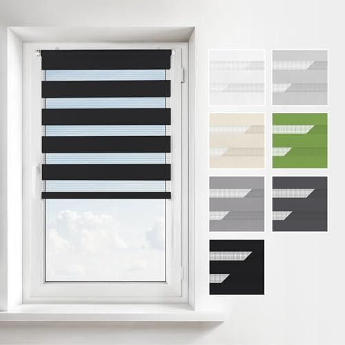 Estika Doppelrollo Klemmfix ohne Bohren – Breite: 90 cm – Höhe: 220 cm – Farbe: Schwarz – Jalousie für Innenfenster, Duo-Rollo, Fensterrollo innen