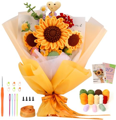 ASTNIC Häkelset für Anfänger, komplettes Blumen Häkelset für Anfänger Erwachsene, Blumenstrauß Häkel Starter Kit mit Häkelnadeln, Garn und Anleitung, DIY Handwerksgeschenk (Gelber Sonnenblumenstrauß)