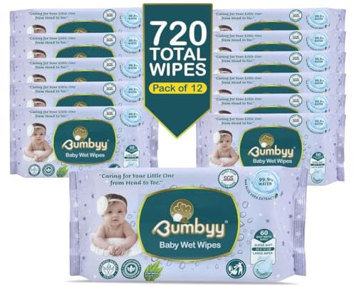 Bumbyy Sensitive Biodegradable Baby Wet Wipes 60 Count (Pack of 12) | Pure Water Formula For Sensitive Skin. Hypoallergenic Unscented 99.9% Water Wipes. Biodegradable Plastic Free Materials.