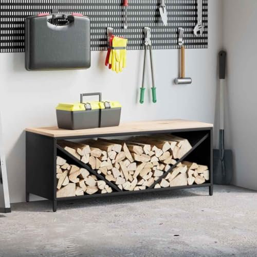 Gecheer Firewood Log Rack Metal Log Store Holder for Outdoor Indoor Metal Fireplace Wood Storage Shelf with Wooden Top Black 100.5x35.5x40 cm
