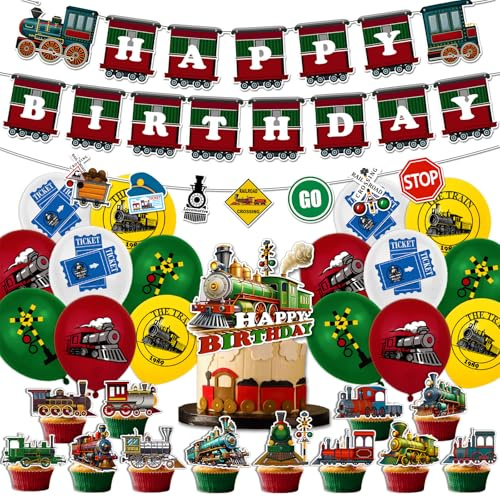 Train Birthday Party Decorations Set Steam Train Party Supplies Includes Banner, Garland, Cake Topper, Cupcake Toppers, Balloons for Baby Shower Kids Retro Train Birthday Party Decor