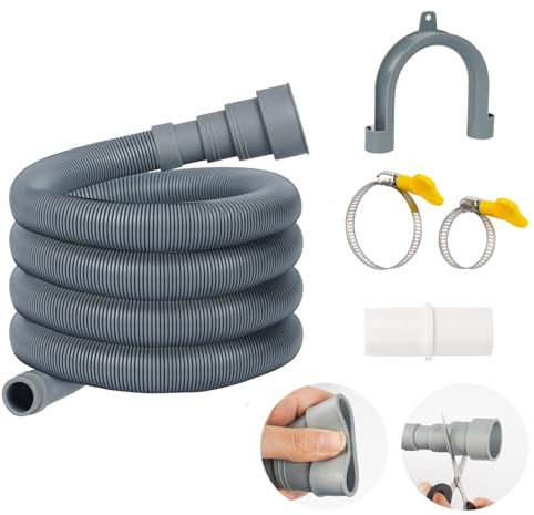 ilauke 2.5m tuyau vidange machine a laver, tuyau de lave-linge adapté pour 4 tailles d'interface, d'évacuation flexible avec support d'arc en forme de U, adaptateur blanc, 4 pinces pour tuyaux