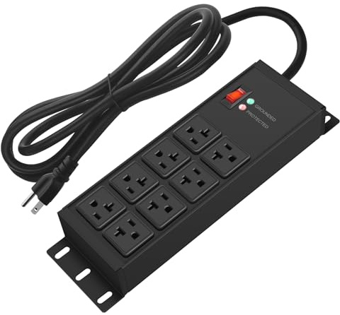 CCCEI Black Heavy Duty Power Strip Surge Protector 20 AMP, 8 Outlets 12 Gauge Industrial Shop Garage Metal Multiple Outlets, 20 FT Extension Cord 5-15P Adapter High Amp 6-20R T-Slot 20a for Appliance