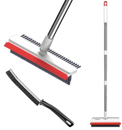 3 in 1 Floor Scrubbing Brush, VEGCOO 123 cm Adjustable Long Handle Scrubbing Brush Floor Squeegee with Short Handle Brushes for Hard Floor, Patio, Deck, Tile Crevices, Bathroom