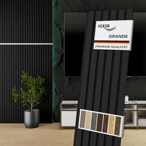 HEXIM Akustikpaneele 8 Stück 140x30cm Holz Grande - Wandpaneele Platten Lamellen Holzpaneele Echtholzfurnier 21mm Filz Schalldämmung MDF Schwarz (3,35m² Black Ash)