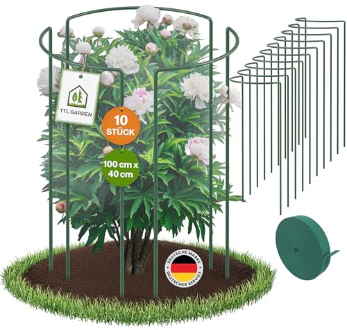 TTL GARDEN Supporto per arbusti, 100 cm x 40 cm, set da 10 pezzi + velcro – supporto per piante in acciaio inox rivestito in plastica – supporto per piante perenni, supporto per fiori ortensia, rosa