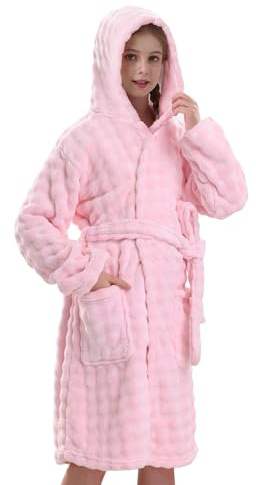 V.&GRIN Girls Hooded Towel Robe, Super Absorbent Quick-Dry Kids Bathrobe for Bath & Pool - Solid Colors Bubble Texture(Light Pink,9-10)