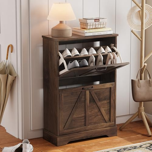 Semiocthome Farmhouse Shoe Storage Cabinet with 2 Flip Drawers, 23.6(W) Freestanding Shoe Organizer with Barn Door and Metal Handles for Entryway, Corner Rustic Narrow Shoe Rack Cabinet - Walnut