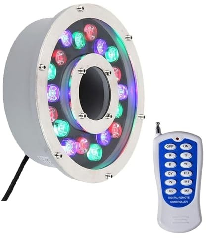 GUODDM Faretto Subacquei - Faretti Piscina, Lampada per Giochi d'Acqua RGB 12/24 V, Illuminazione per Laghetto con Foro Centrale Ad Anello Impermeabile IP68(18W(24V))