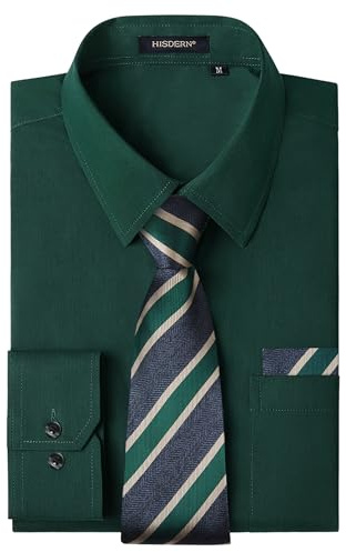 HISDERN Camisa Hombre Manga Larga y Corbata Verde Camisa Slim Fit Hombre Elegante Casual de Boda de Color Sólido Estilo de Negocios con Botones y Bolsillos Regular 4XL