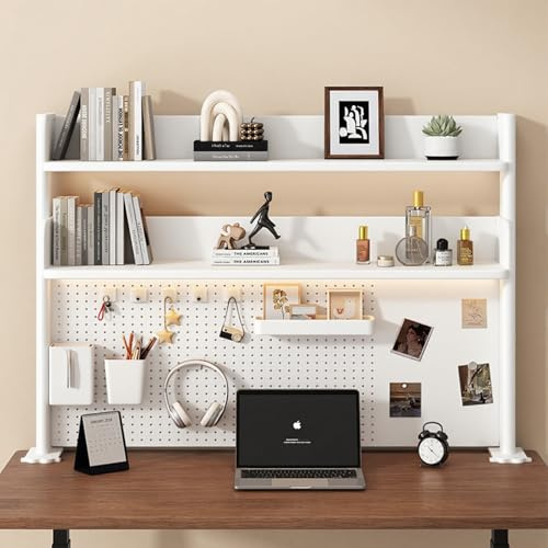 Elancee Organizador de escritorio con clip, estante de encimera, organizador de accesorios de escritorio de oficina de 2 niveles, tablero de clavijas de estante con abrazadera, almacenamiento