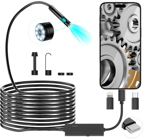 POWZOO Endoskopkamera Dual-Linse 5 m,Halbstarr IP67 1920 HD | Rohrkamera,3-in-1 USB für Android,iOS,Tablet,8 LEDs,1920×1080,Kein WiFi nötig,App direkt,Wasserdicht für Rohr,Auto.