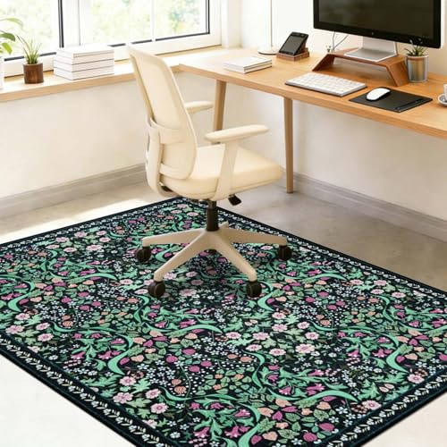 Famibay Bodenschutzmatte Bürostuhl rutschfest Schreibtischstuhl Unterlage 120x150cm Bürostuhl Unterlage Groß Rosa Vintage Bodenschutzmatte für Hartböden Parkett Tiles Waschbar Kratzfest Blumen