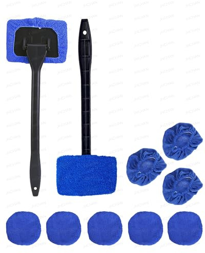 JHCHAN Car Window Cleaner Tool Kits - Car Auto Windshield & Roof Brush with 10 Washable Microfiber Pads| for car and home cleaning, Inside Car Cleaning Tool for Fog Moisture Removal(Blue)