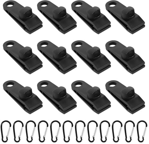 VUTYNKO Set di 24 tenditori per teloni, 12 ganci per teloni, in plastica con 12 clip a moschettone, clip regolabili per teloni, tende da sole, tettoie