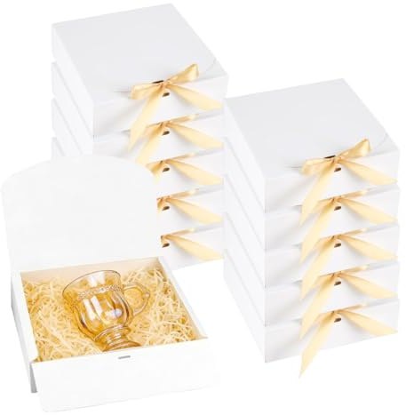 10 Piezas Cajas de Regalo Blancas, 16.5×16.5×5cm Caja de Regalo con Tapa y Cintas, Cajas Regalo Carton, Caja de Embalaje de Blanca para Vacaciones, Navidad, Bodas, Cumpleaños, Envoltorio de Regalo