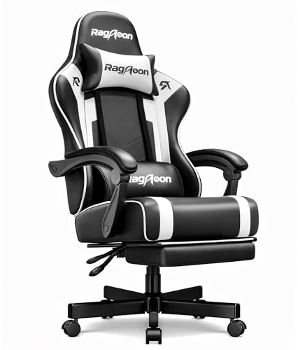 Gaming Stuhl Chair Gamer Sessel - Ergonomischer Gamer Stuhl mit Fußstütze Kopfstütze und Lordosenstütz Höhenverstellbar Gepolstert Gamingstuhl 200 Kg Schwarz