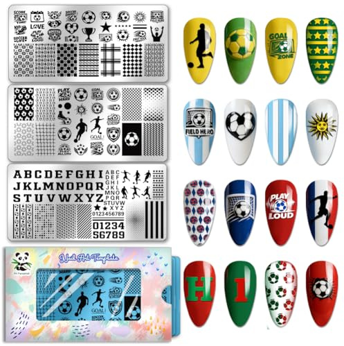 PH PandaHall - Lote de 3 placas de estampación para uñas, fútbol, plantillas para uñas, fútbol, trofeo, deporte, modelos para uñas, arte y letras, estampador para mujeres, entusiasta de fútbol