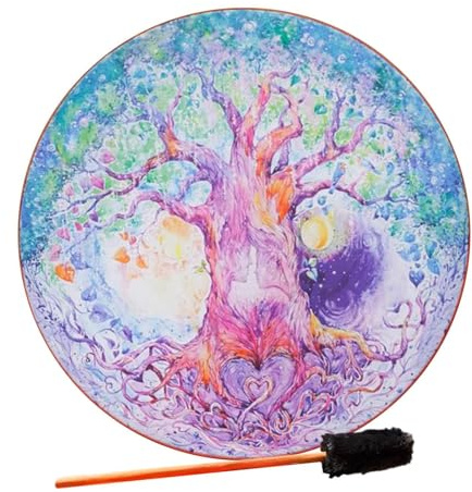 Générique Tambour Chaman - Polyester, 25x5cm Instrument Spirituel Main | Son Unique Motif Arbre Chaman pour Méditation, Cérémonies Encens, Pratique Spirituelle, Activités Groupe