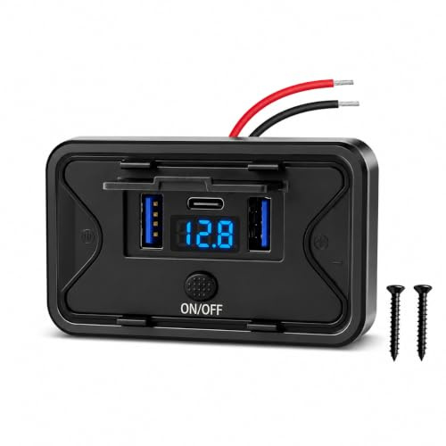 TNSLAND 78W USB-uttag 12V husbilsinstallation med tryckknappslåck, 3 portar 1x PD3.0 & 2X QC3.0 USB-buss inbyggd, 12V USB C med LED-voltmeter, USB-laddar för husbil, motorcykel, bil, fordon