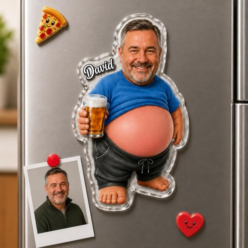 Personalised Father's Day Face Squishy Belly Fridge Magnet - Custom Photo & Text Funny Poke Dad Bod Acrylic Magnet - Fathers Day/Birthday Gift for Dad Husband Grandpa from Wife/Son/Daughter/Grandchild