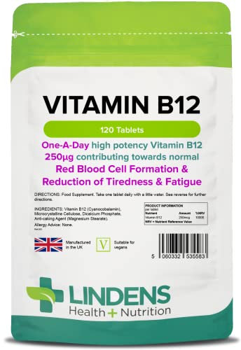 Lindens - Vitamin B12 250mcg, 120 Tablets - 1 a Day, UK Made - Red Blood Cell Formation, Metabolism, Reduction of Tiredness and Fatigue - 10,000% NRV Dose - Letterbox Friendly, Vegan